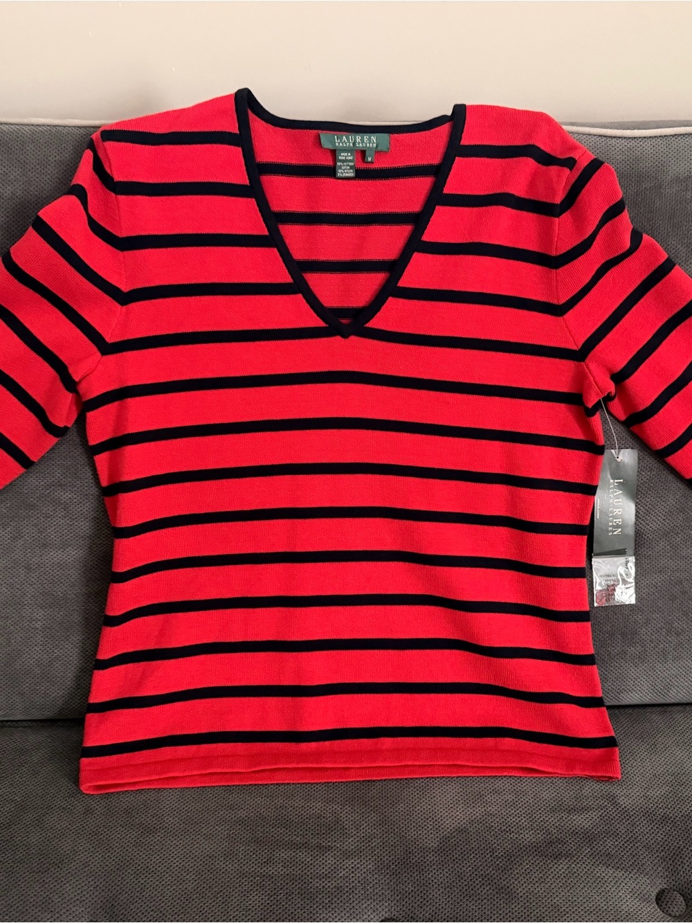 Lauren Ralph Lauren Red and Black Striped V-Neck Knit Top